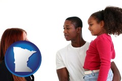 minnesota map icon and a social worker conversing with clients