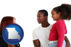 missouri map icon and a social worker conversing with clients
