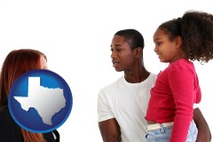 texas map icon and a social worker conversing with clients