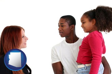 a social worker conversing with clients - with Arizona icon