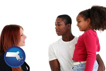 a social worker conversing with clients - with Massachusetts icon