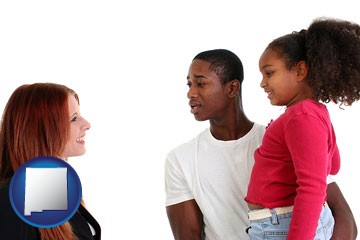 a social worker conversing with clients - with New Mexico icon