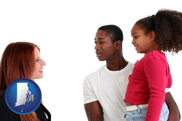 a social worker conversing with clients - with Rhode Island icon